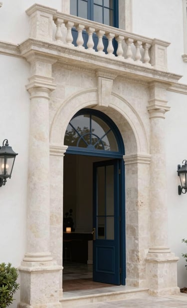 Architectural detail of a luxury wedding venue entrance in a historic Hispanic estate, limestone textures, soft natural lighting, minimalist and exclusive atmosphere, off-white and dark blue accents.