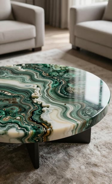 A high-end, finished resin coffee table with wave patterns in deep forest green and soft parchment white, displayed in a sunlit International / Global living room. Sophisticated and minimalist interior design photography.
