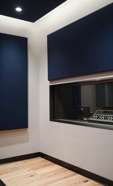 Atmospheric photography of a modern, sleek recording studio in a North American / US city. The room features ghost white architectural lines and deep navy acoustic panels. Soft lighting creates a sense of vulnerability and creative depth, reflecting the sophisticated world of a recording artist.