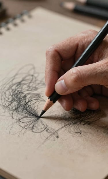 A detailed photography close-up of an artist's hand holding a charcoal pencil over a textured sketchpad. Focus on the delicate creative process. International / Western art studio setting. Professional and artistic journey. Colors include Charcoal and Grey-Brown.