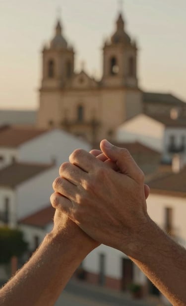 A close-up, cinematic photograph of two hands intertwined, bathed in the soft glow of the golden hour in a historic Iberian village. The image emphasizes texture and emotion, with a shallow depth of field and a warm, sand-colored palette that evokes a sense of timeless storytelling.