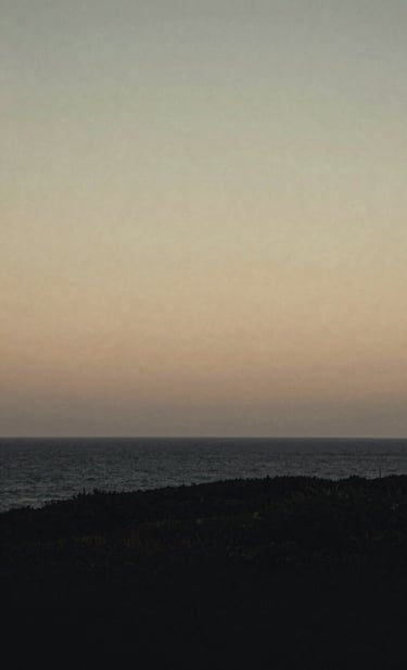A quiet, moody landscape shot of a coastal horizon at dusk, captured with a cinematic film grain. The composition is minimalist, evoking a sense of nostalgia and calm. The colors transition from dark charcoal (#262626) to a muted, elegant beige (#C4B29A) in the sky.