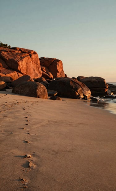 A cinematic landscape shot of a North American / US coastal setting at sunset, bathed in warm, sun-drenched light. The scene is peaceful and authentic, with textures of soft sand and deep terracotta rocks. A professional lifestyle photography style that feels approachable and rich with storytelling potential.