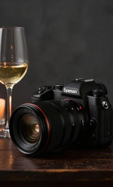 An artistic composition of a professional camera resting on a dark wood table next to a glass of Spanish wine. The scene is lit with soft candlelight, creating a warm muted gold glow against a deep black and dark gray setting. Sophisticated and premium still life.