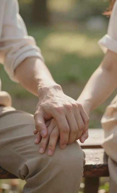 A close-up, artistic shot of a couple's hands gently intertwined while sitting on a rustic bench. The background is a soft-focus blur of a sun-lit garden. The atmosphere is quiet, intimate, and authentic. Warm sunlight glows against the skin, incorporating Soft Sand #F8F0E3 and Burnt Sienna #8C4E40 tones.