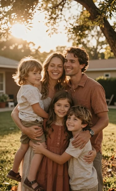 A large, cinematic portrait of a happy family embracing in a sun-drenched North American / US backyard during golden hour. Warm terracotta sunlight glows through the trees, creating soft sand-colored flares and authentic, joyful expressions.