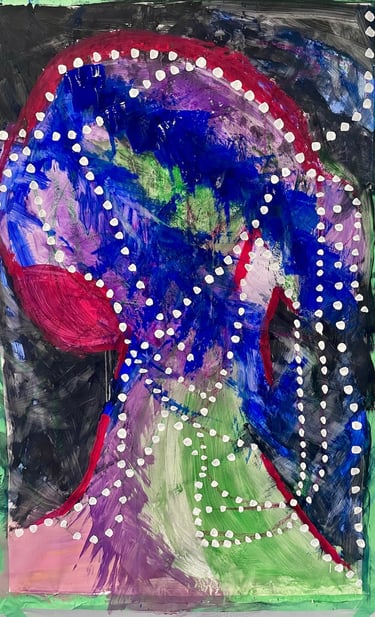 Mixed media artwork — sweeping blue arc and white dots adding structure to a layered composition