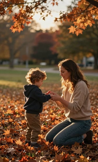 An authentic, candid photograph of a mother and child playing in a park at sunset in the North American / US. The scene is filled with warm sun-drenched light and rich terracotta-colored autumn leaves. The image has a cinematic quality, capturing a heartfelt, real-world interaction between the subjects.