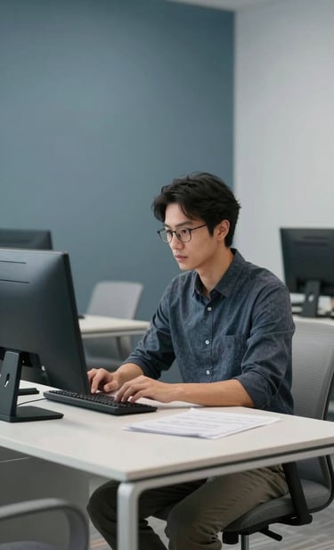 A professional graphic designer in a modern International / Western office setting, focused on a workstation. The environment is organized and clean, featuring Muted Slate Blue wall accents and Pale Grey furniture, emphasizing a mood of sophisticated creativity and precision.