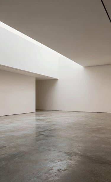 A wide-angle architectural shot of a modern gallery space, empty with polished concrete floors and off-white walls, clean geometric lines, serene and professional atmosphere. Global / Contemporary Art.