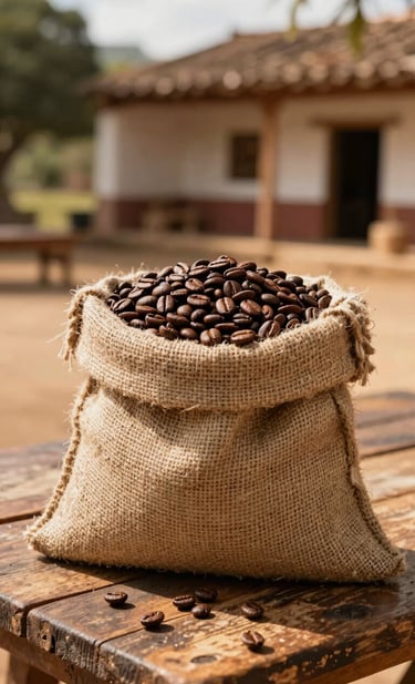 A rustic, high-quality photograph of a vintage burlap sack filled with roasted Dark Coffee Brown beans resting on a weathered wooden table. The background shows a soft-focus traditional South American / Latin hacienda courtyard under warm, Golden Tan sunlight.