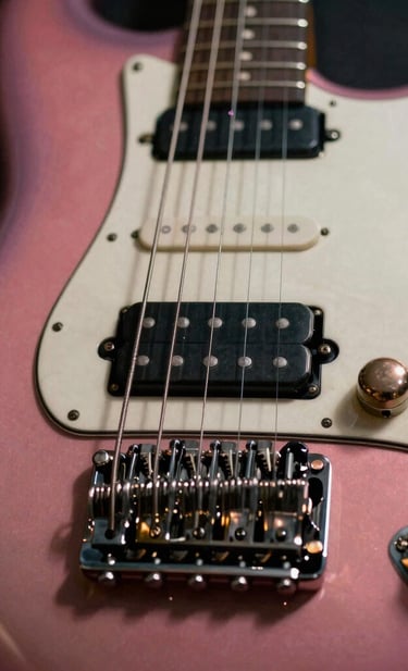 Macro photography of an electric guitar bridge and strings, with a blurred background showing the warm lights of a city at night, reflecting a South American / Venezuelan urban vibe. The colors are rich rose and black, emphasizing the fusion of rock and contemporary pop styles.