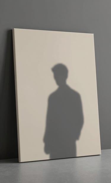 A dramatic canvas leaning against a studio wall, showing a solitary #1A1A1A silhouette against a warm #C8C0B2 background. Soft shadows and a museum-like atmosphere create an immersive sanctuary for art appreciation.