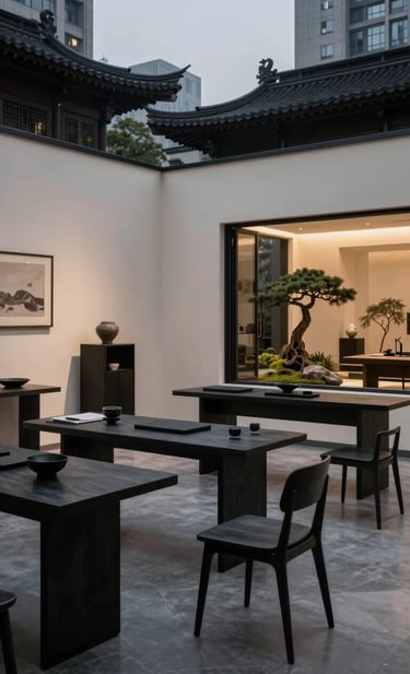 An atmospheric, high-end photography shot of a multidisciplinary design studio at dusk, featuring charcoal black furniture and ivory walls, with a glimpse of a zen-style garden outside, located in an East Asian / South Asian influenced for a global luxury audience city.