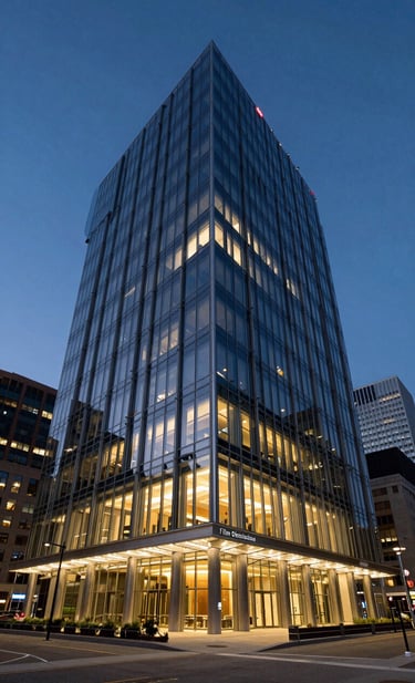 A wide architectural shot of a sleek, modern corporate building in a major North American city at twilight. The facade is glass and steel, glowing with warm interior light against a deep blue evening sky, representing a high-end film distribution headquarters.