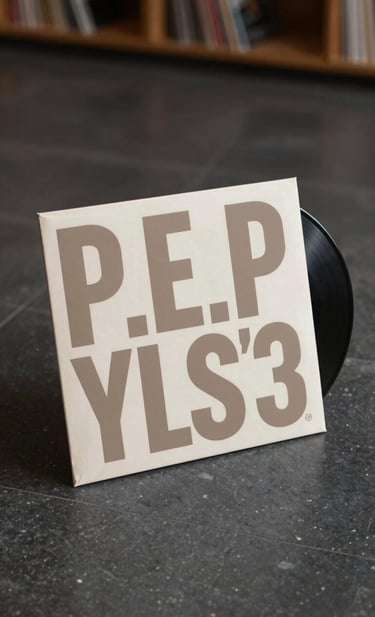 A striking visual of a vinyl record in a sleeve that features bold, modern typography and Nigerian patterns in #8D765D. The image is shot from a low angle on a clean, dark stone floor to emphasize P.E.P YLS's premium brand status. Soft ambient light creates a moody, immersive atmosphere.