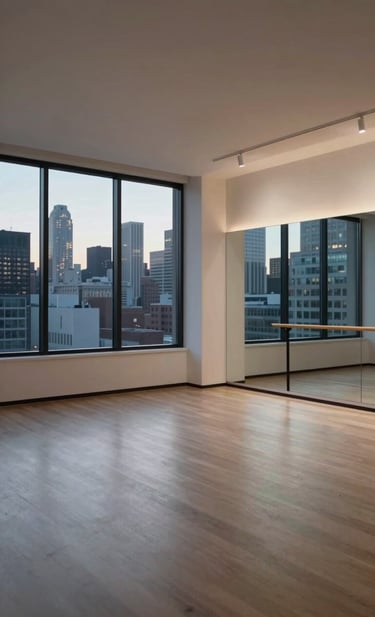 A wide-angle, cinematic shot of a modern rehearsal studio in a North American city. Large windows reveal a city skyline at twilight. The interior is minimal, with polished floors and off-white walls, evoking a sense of versatility and professional artistic space.
