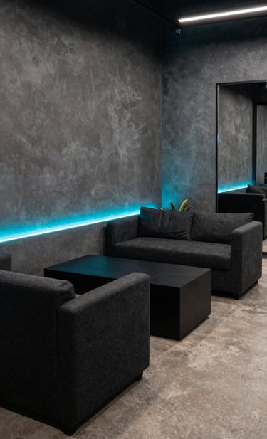 A stylish and modern lounge area in a South American / Colombian creative studio, deep charcoal black furniture with electric neon cyan lighting strips, gunmetal grey walls, professional and cinematic urban vibe.