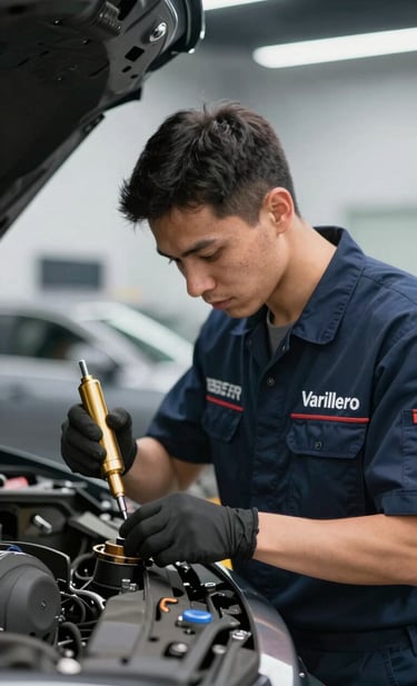 A professional Varillero technician wearing a branded navy uniform, working with precision on a luxury car. He uses specialized golden-toned PDR tools. The background is a clean, professional garage with soft atmospheric lighting, conveying a leading and premium service vibe.