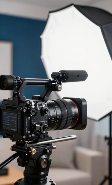 A detailed close-up of a high-end video production setup in a contemporary Brazilian home studio. A professional camera and a softbox light are visible, reflecting a clean, organized workspace with navy blue and soft white tones. Sharp focus, high-quality professional lighting.