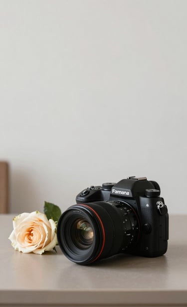 A clean, minimalist composition of a professional camera sitting on a muted taupe tabletop next to a single warm cream rose. The background is a soft off-white wall, captured in a North American / European interior with natural side-lighting.
