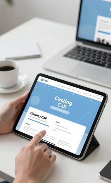A creative professional at the agency planning a casting call on a digital tablet. Close-up on the workspace showing high-end tech and a coffee cup, minimalist Scandinavian aesthetic, bright and airy with #ECF3F4 and #74A8AE highlights.