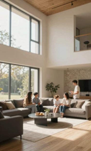 A wide, cinematic shot of a modern, finished living space with high ceilings and large windows. Warm sun-drenched light fills the room, highlighting authentic textures like wood and stone. A family is seen in the blurred background, interacting naturally. The color palette incorporates soft off-white walls (#F9F6EE) and charcoal furniture accents (#2F4F4F).