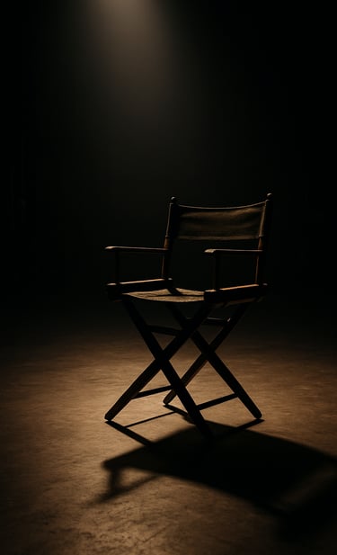An atmospheric shot of a director's chair on a dark soundstage in a North American production facility. A single, focused spotlight creates high contrast, casting long shadows and highlighting the fabric texture in charcoal and muted gold tones, conveying a sense of storytelling prestige.