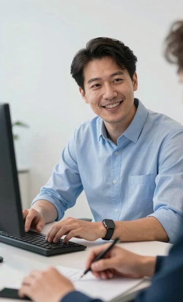 A professional and friendly tech consultant collaborating with a client remotely, shown from a natural over-the-shoulder perspective of a clean workstation in a modern office in North America. Soft studio lighting, highly sophisticated and approachable vibe, light blue accents, sharp focus.