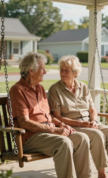 A vertical cinematic shot of an elderly couple sharing a quiet, authentic moment on a porch swing in a North American suburban neighborhood. Sun-drenched lighting highlights textures of wood and fabric in warm terracotta and soft sand tones.
