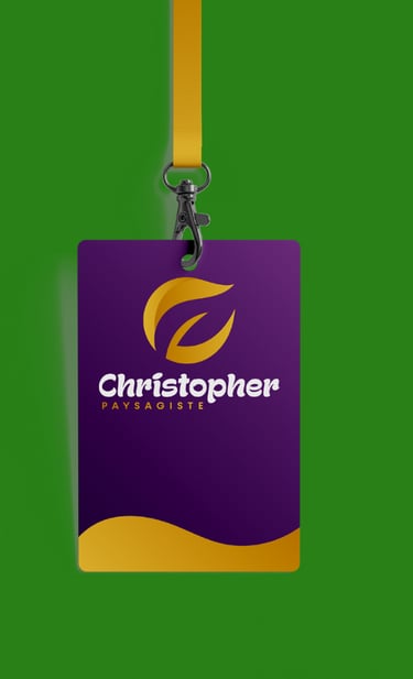 Une maquette de carte d'identité violette pour une entreprise d'aménagement paysager.