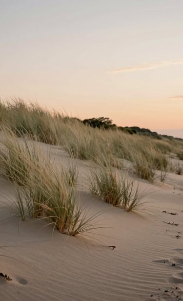 A serene coastal scene of West Michigan sand dunes at sunset. The landscape features soft sand and pale olive cream beach grass under a warm, light sky. The atmosphere is quiet, airy, and sophisticated.