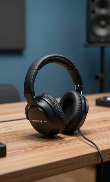 Professional photography of high-quality studio headphones resting on a sleek, minimalist wooden desk in a Spanish sound engineering suite. The background shows soft-focus acoustic panels in muted blue, creating a calm and professional atmosphere of artistic sophistication.