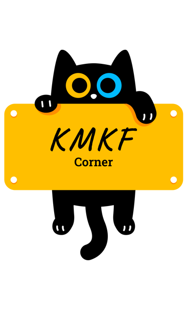 a black cat with a yellow sign that says kmkf corner
