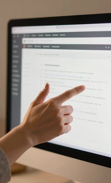 A close-up, cinematic shot of hands gesturing over architectural code on a screen, captured in a warm, light-filled studio. The lighting is soft and golden, creating a friendly and professional ambiance. Accents of charcoal #3A3B3C and soft sand #F7F4E9 dominate the composition.