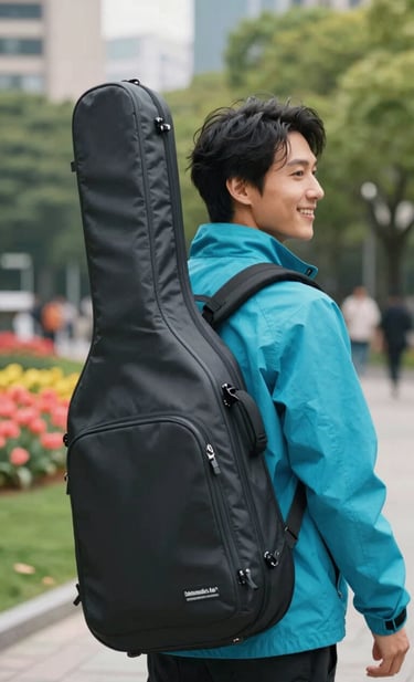 A dynamic shot of a creative professional in an International / English-speaking urban park setting, smiling and carrying a sleek instrument case. They are wearing a bright turquoise jacket. The background is softly blurred with hints of vibrant coral flowers and green trees.