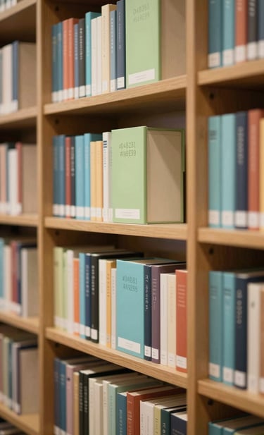 A vertical composition of a colorful library bookshelf where book spines are organized by color, featuring prominent #D4B281 and #7A9E9F tones. The lighting is soft and inviting, with a thoughtful, resourceful atmosphere that balances academic depth and creative flair.