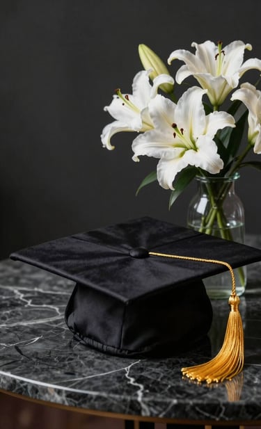 An elegant graduation setup in a Middle Eastern professional studio. A graduation cap with a golden tassel rests on a Dark Charcoal marble table next to a vase of fresh white lilies. Luxurious, feminine atmosphere.