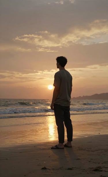 A contemplative, lifestyle photograph of an artist standing on a beach, looking out at the horizon during a sunset. The sky is a mix of muted gold and terracotta, reflecting off the damp, soft sand at their feet.