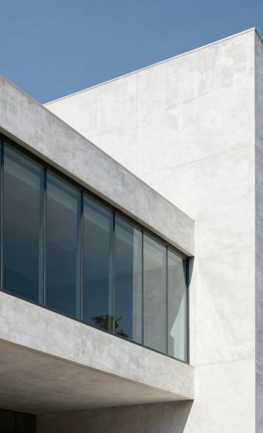 Minimalist architectural detail of a high-tech NGO headquarters in Mexico City, showcasing sharp angles, pristine white concrete, and transparent glass panels that symbolize data security and structural protection. Bright daylight creates clear shadows, conveying an authoritative, clean, and modern protective shield aesthetic.