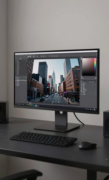 Photography of a sleek 3D design studio in a North American / US urban setting. The image captures a high-resolution display showcasing professional digital art, surrounded by a professional environment in dark charcoal and soft off-white tones.