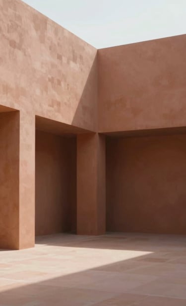 Architectural photography of an interior void where light dwells. The composition captures how life unfolds within space, featuring warm terracotta accents (#BC6C47) and a serene, philosophical mood.