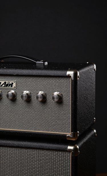 Close-up photography of a weathered guitar amplifier in a dark studio setting. The lighting is low-key, highlighting textures of medium gray and deep black. Minimalist and professional style, reflecting an authentic artistic vibe in a Western European setting.
