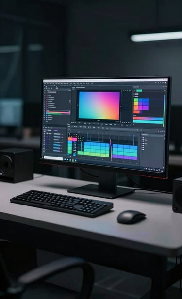 An elegant, cinematic wide-angle shot of a darkened video editing suite. A high-resolution monitor glows with vibrant color-grading software, casting a soft #4A616F light on a minimalist desk. The overall mood is contemporary and premium.