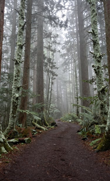 A high-quality landscape photo of a misty forest trail winding through ancient trees in the Pacific Northwest, atmospheric and immersive style, featuring muted sage and light grey-green mossy textures.
