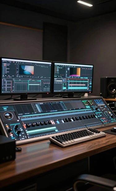 A professional editing suite in a North American / US studio, viewed from a low angle. The monitors glow with dark slate grey and steel grey interface elements. The room is mostly dark, following the film noir aesthetic, with polished surfaces reflecting the dim studio lights.