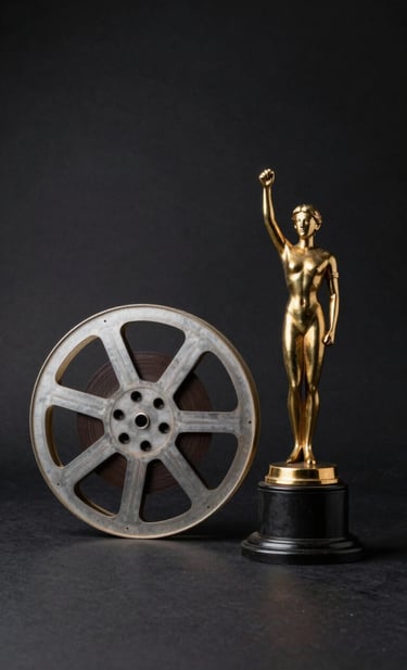 A minimalist composition of an antique film reel and a golden award statue on a dark surface, soft spotlighting, deep charcoal black background with subtle antique gold accents, high contrast, museum-style photography.