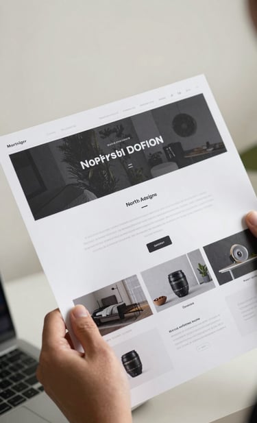 A close-up photograph of a professional's hand holding a high-quality printed portfolio page in a sun-drenched North American / US workspace. The background is a soft off-white studio wall. The focus is on the clean design lines and the tangible, successful outcome of a web design project. Palette features solid black and charcoal grey tones.