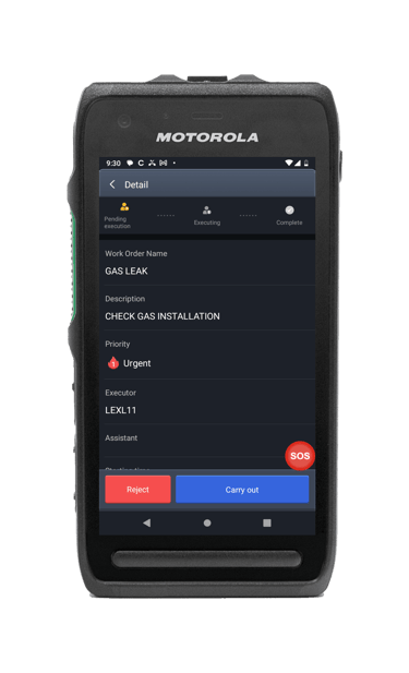 Terminal de seguridad Motorola LEX L11 mostrando el modulo digital de orden de trabajo RadioPoC