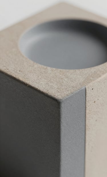 A close-up detail of a collectible edition piece, showcasing sustainable artistic practice. The object features a mix of natural textures and refined finishes in #5B7B71 and #293B37. The composition is artistic and intellectual, shot with a shallow depth of field.